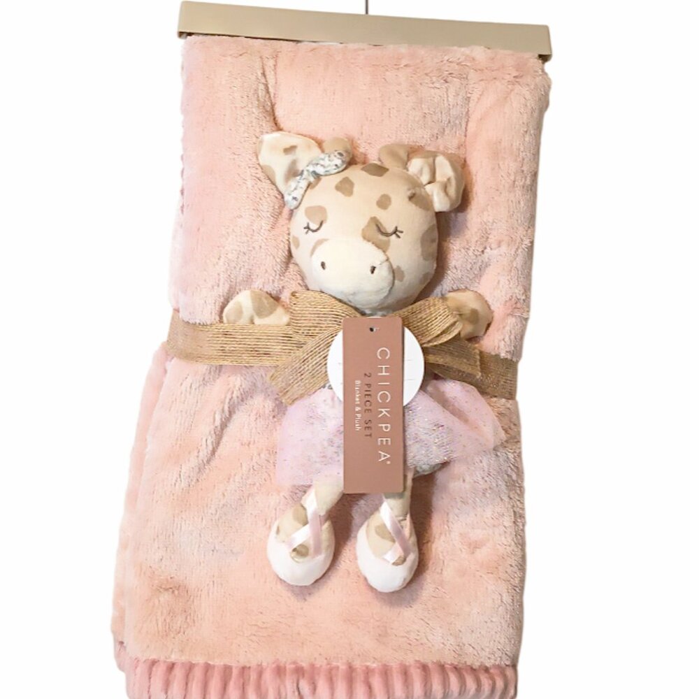 2025 Chick Pea Giraffe Tutu Pink Ribbed Trim Lovey Blanket Set 30" X 36" NEW